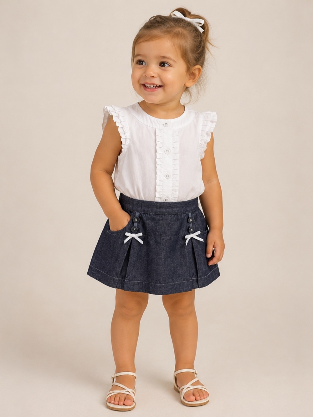 Janie and Jack Denim Skort with Front Bows and white shirt